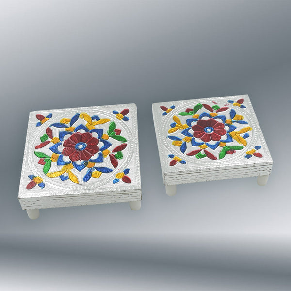 2 Pc Meenakari Wooden Chowki & Bajot Set: For Home & Office Puja (Multicolor) - Image 4