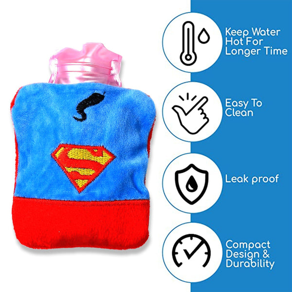 Superman Print Small Hot Water Bag with Cover for Pain Relief - Image 3