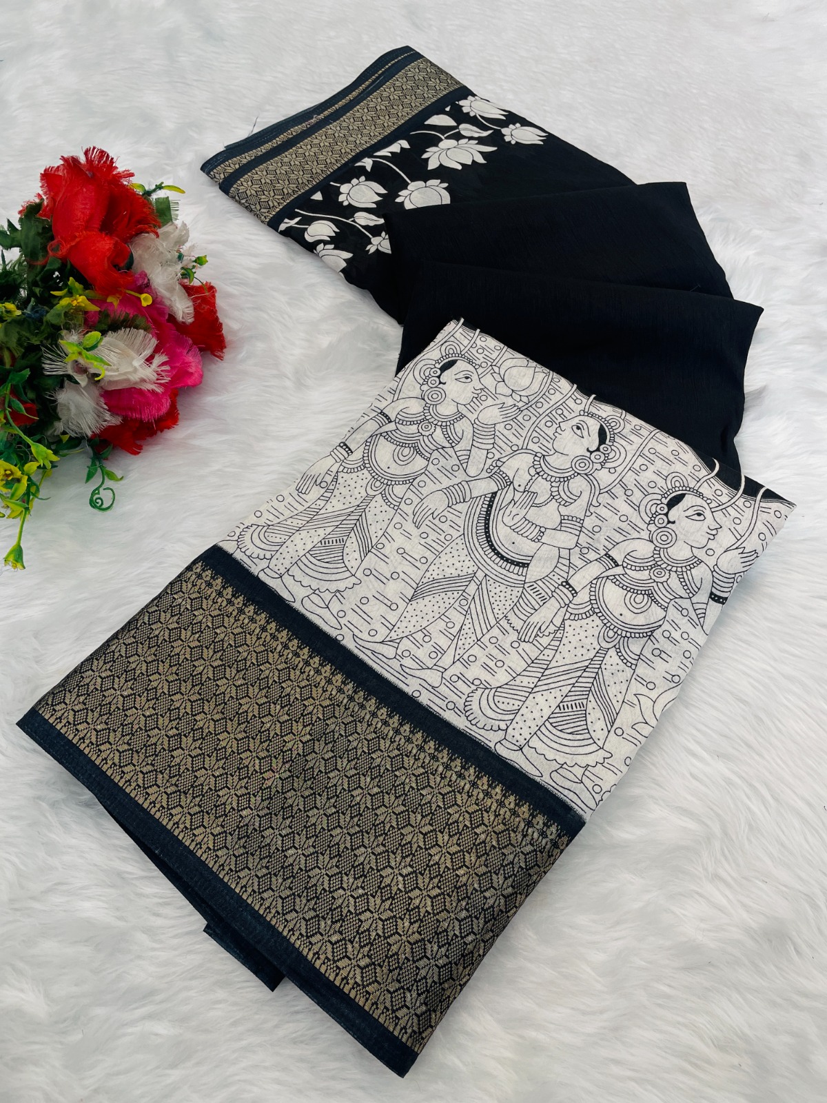 DOLA SILK CHECKES WARLI PRINT WITH JACQUARD BORDER