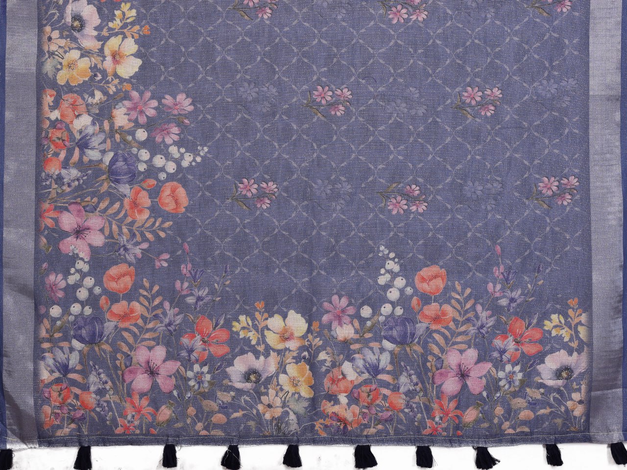 Navy Blue Floral Linen Shimmer Saree - Image 7