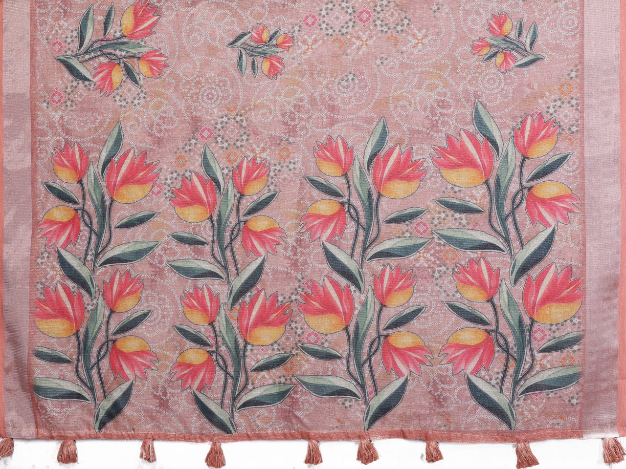 Peach Floral Print Linen Shimmer Saree - Image 9