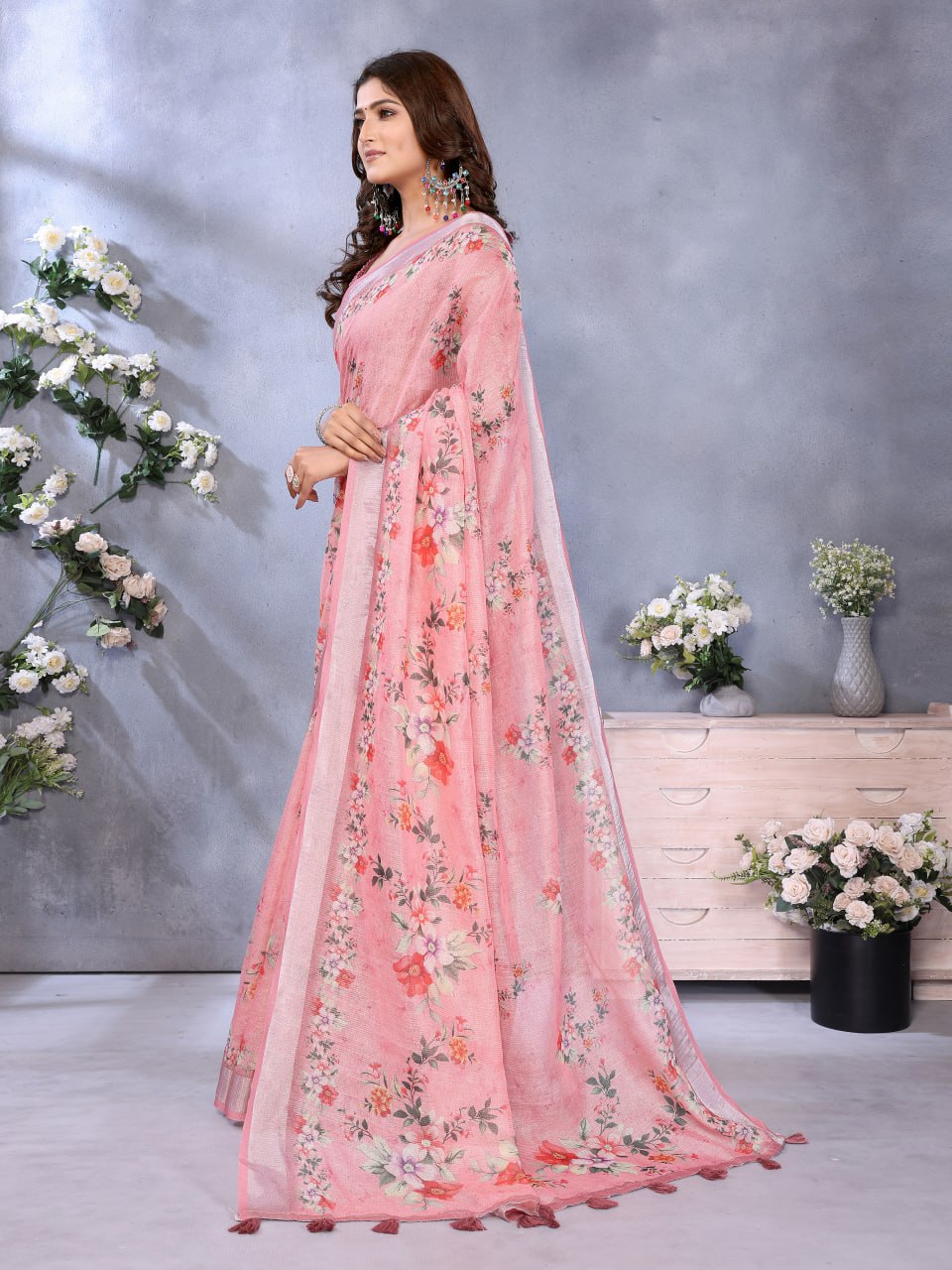 Pink Floral Print Linen Shimmer Saree