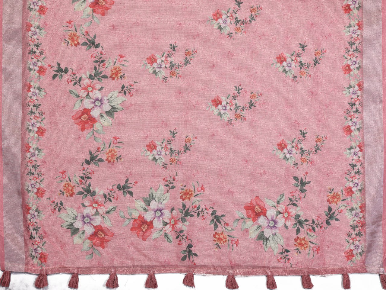 Pink Floral Print Linen Shimmer Saree - Image 9
