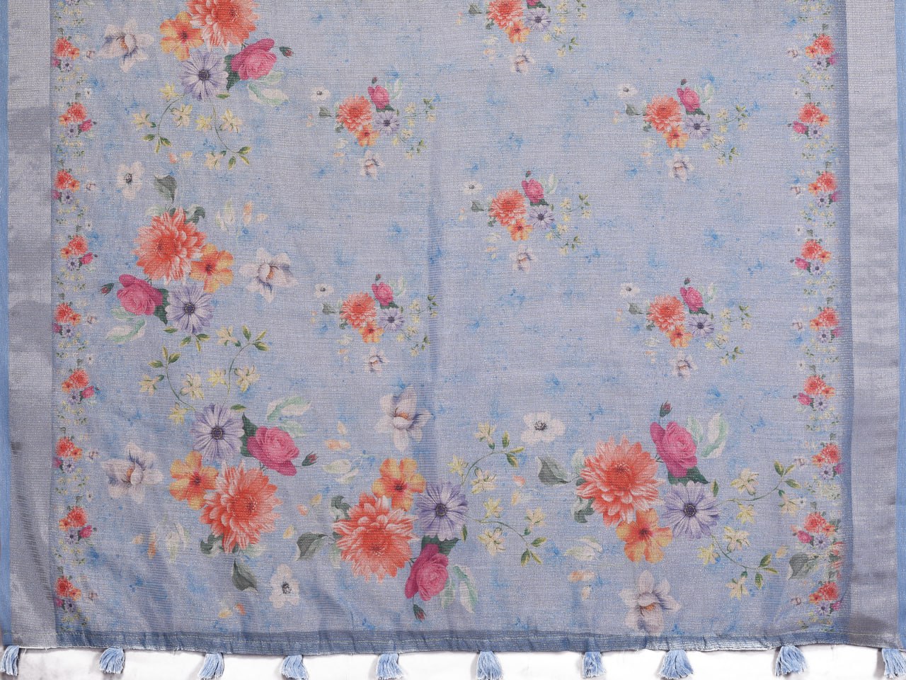 Sky Blue Floral Printed Saree - Image 5
