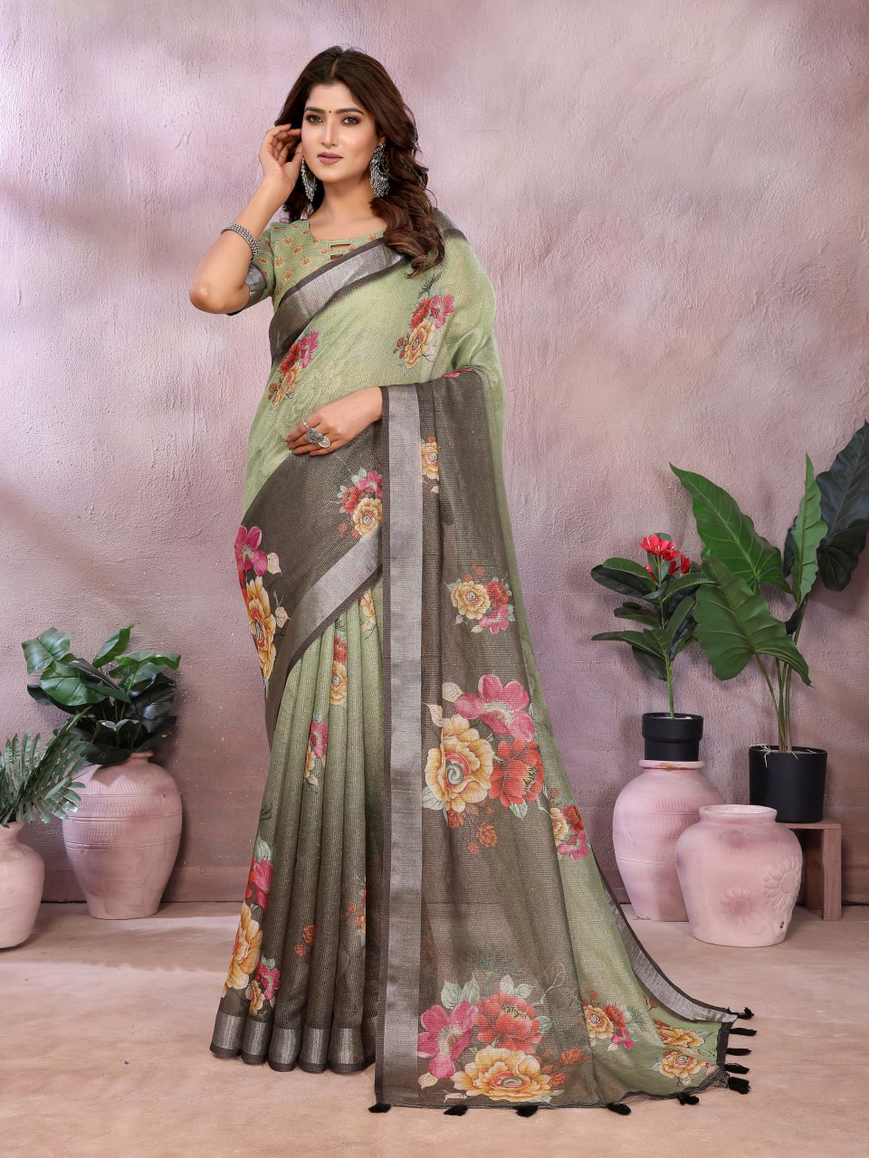 Olive Green & Black Floral Printed Saree - Image 2