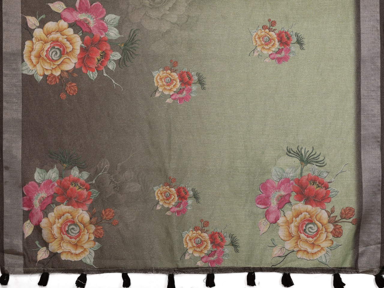 Olive Green & Black Floral Printed Saree - Image 9