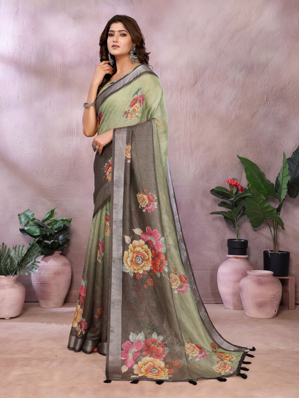 Olive Green & Black Floral Printed Saree