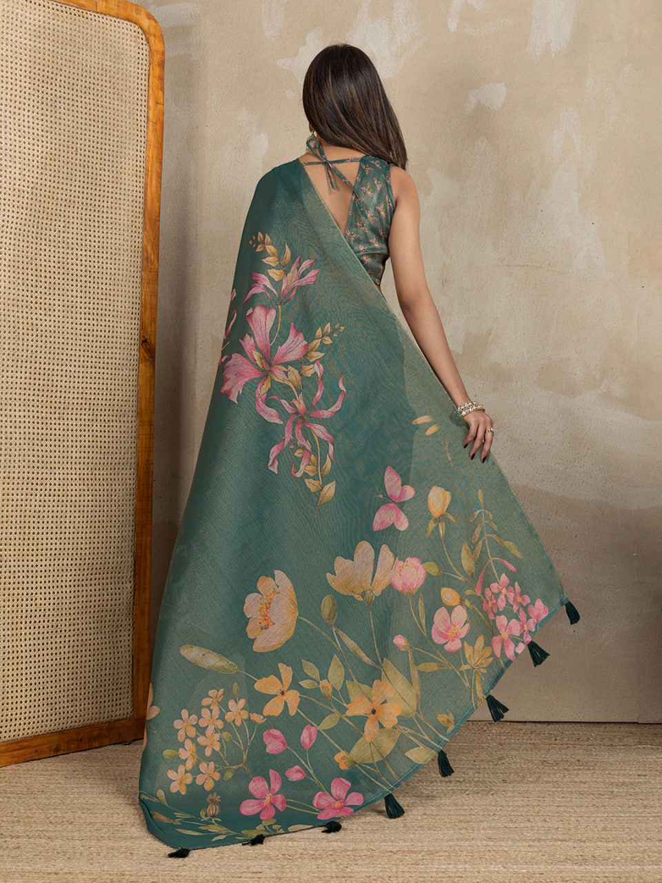 Teal Green Floral Printed Erode Anmol Silk Saree - Image 2