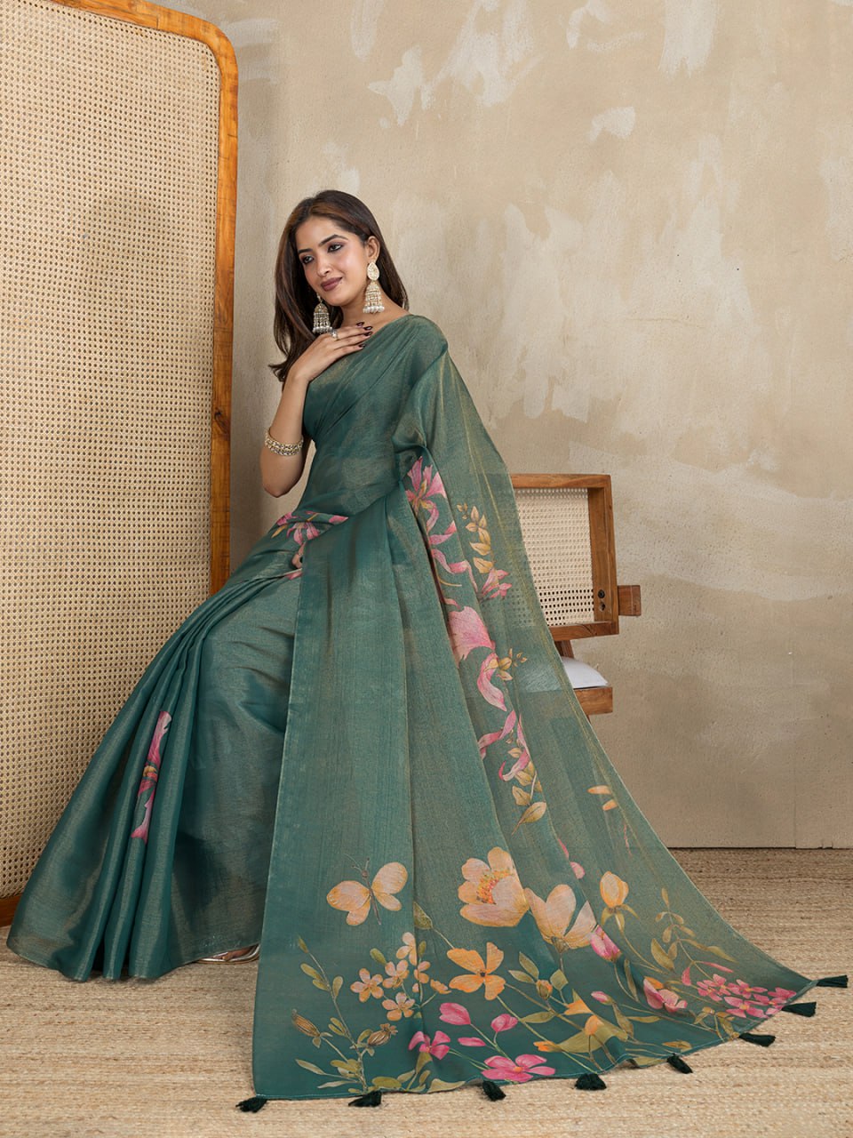 Teal Green Floral Printed Erode Anmol Silk Saree - Image 4