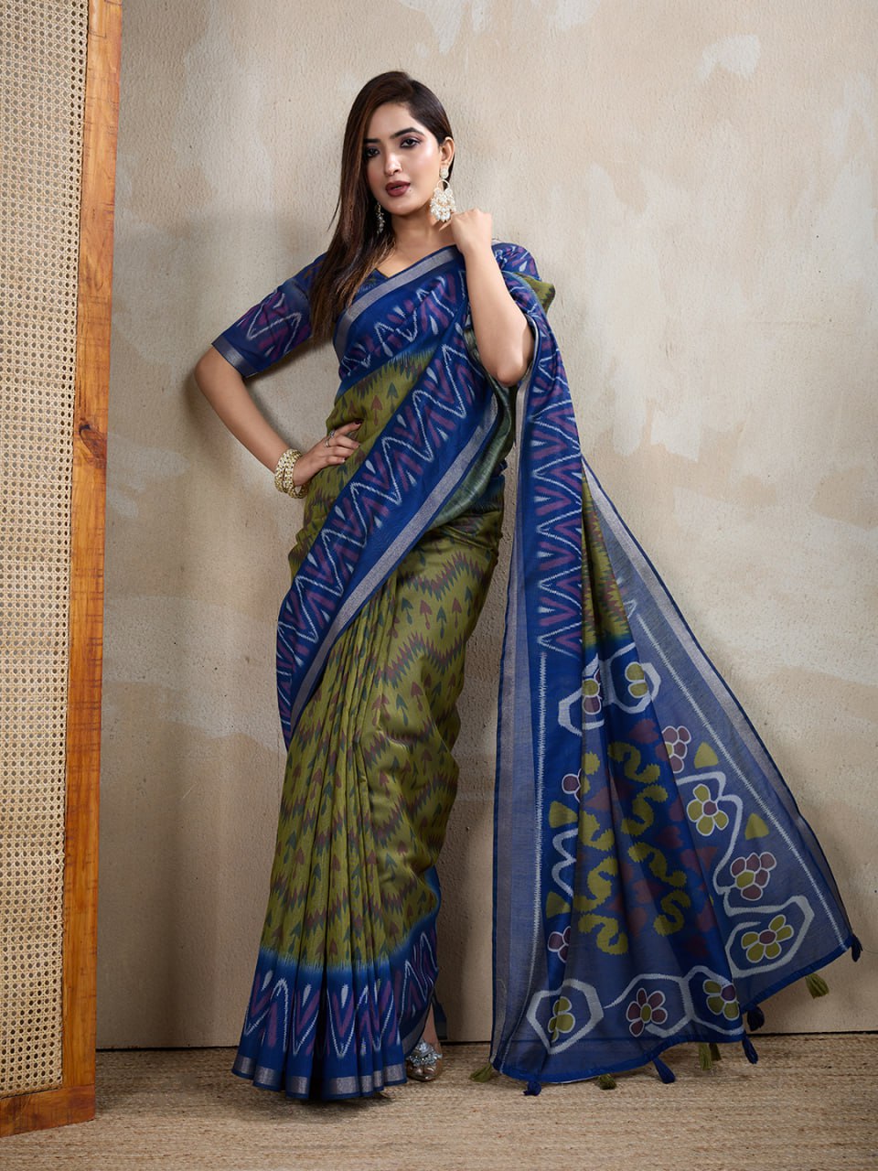 Olive Green & Blue Ikat Printed Chanderi Saree - Image 3
