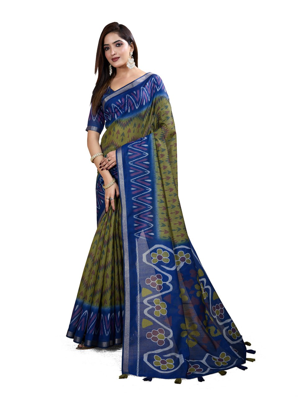 Olive Green & Blue Ikat Printed Chanderi Saree - Image 2