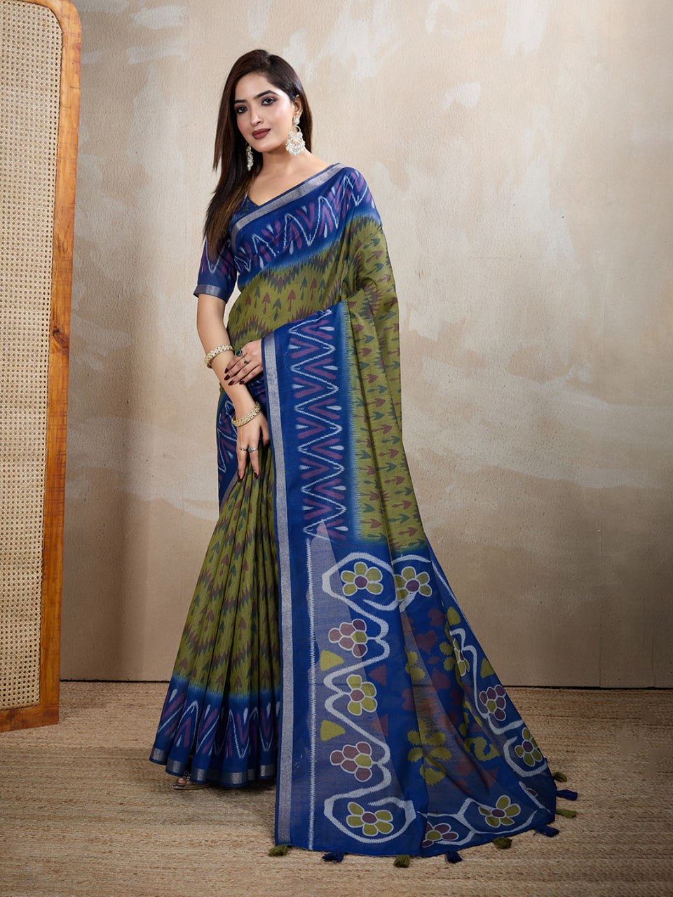 Olive Green & Blue Ikat Printed Chanderi Saree - Image 7