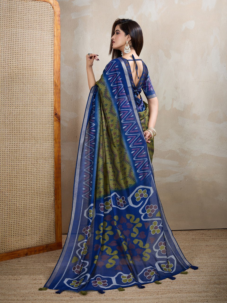 Olive Green & Blue Ikat Printed Chanderi Saree - Image 4