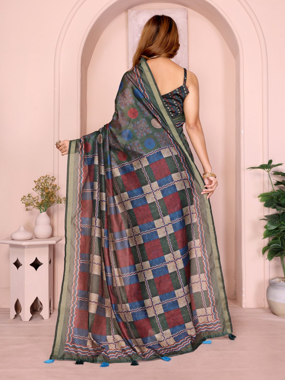 Dark Green Multicolor Checkered Black Chanderi Saree - Image 3