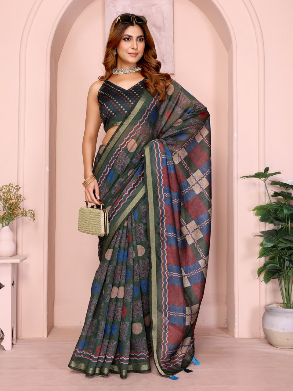 Dark Green Multicolor Checkered Black Chanderi Saree - Image 6