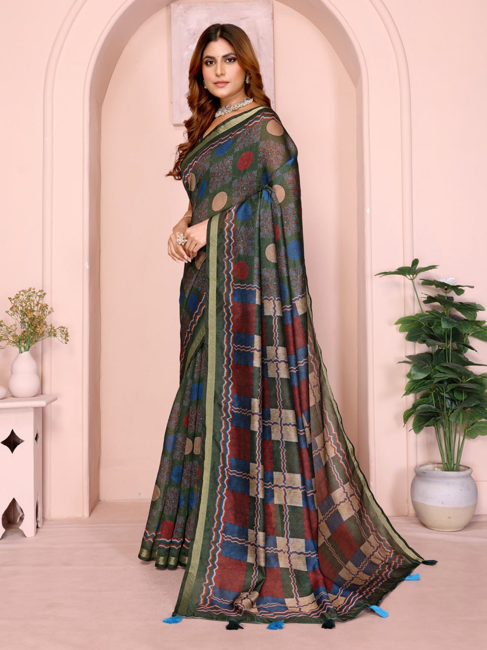 Dark Green Multicolor Checkered Black Chanderi Saree - Image 4