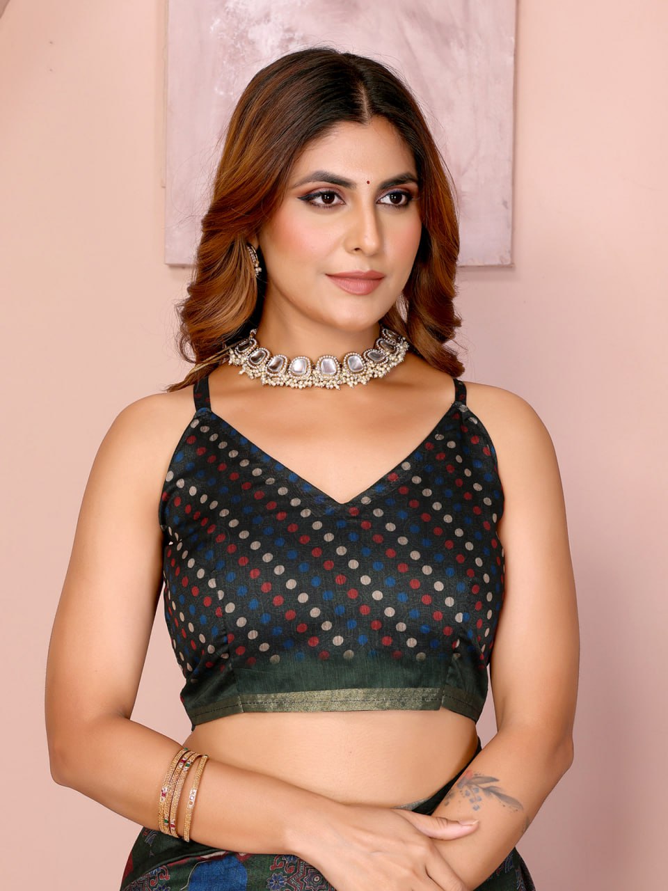 Dark Green Multicolor Checkered Black Chanderi Saree - Image 2