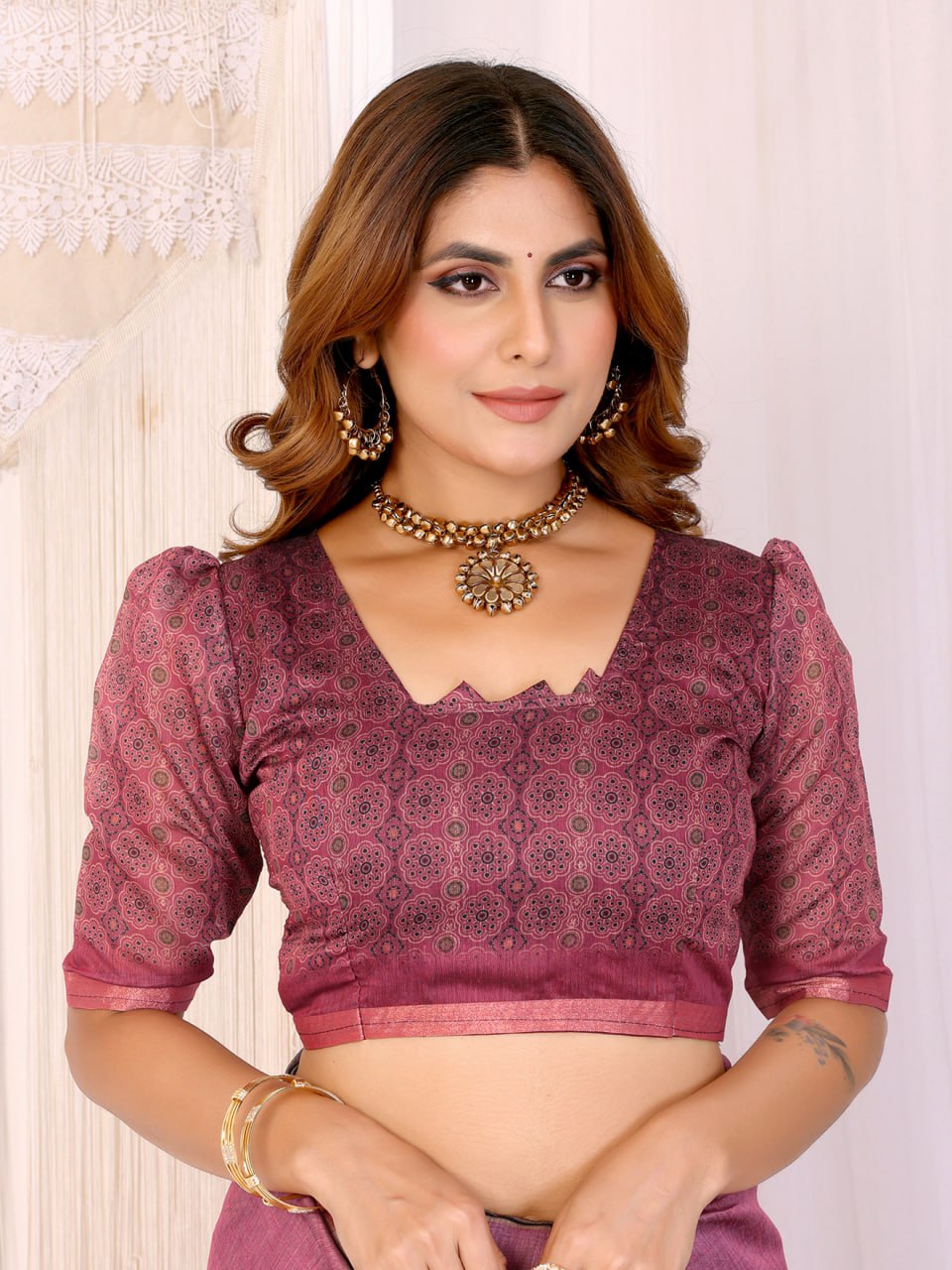 Rosewood Elegance Chanderi Saree with Ethnic Motif Border - Image 8