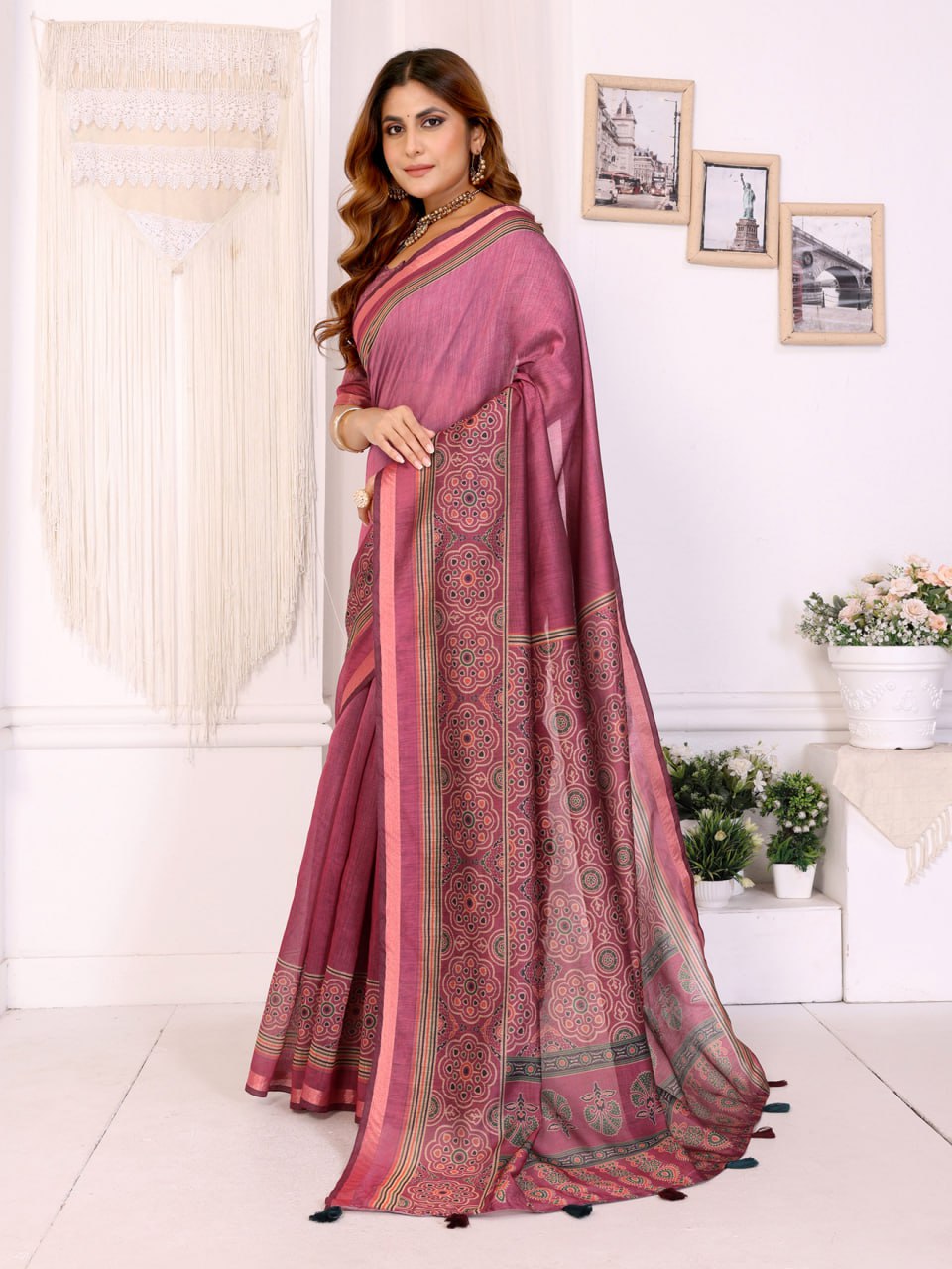 Rosewood Elegance Chanderi Saree with Ethnic Motif Border - Image 2