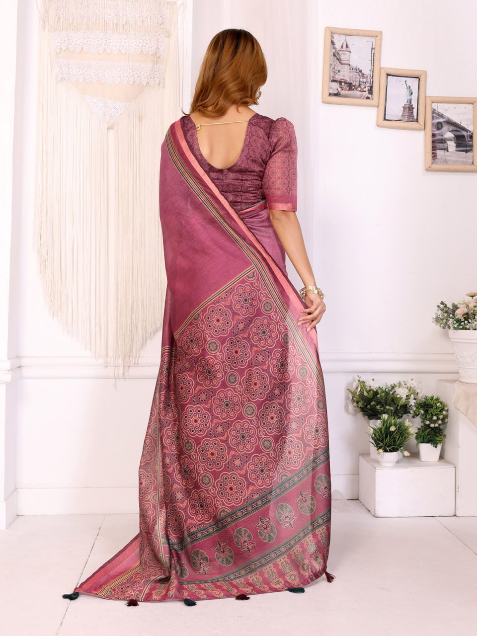 Rosewood Elegance Chanderi Saree with Ethnic Motif Border - Image 5