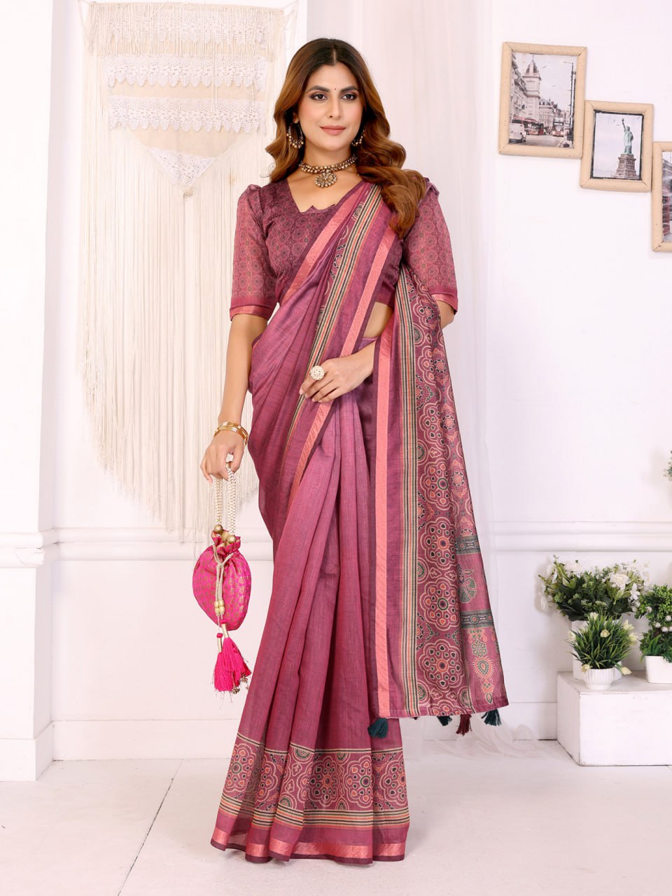 Rosewood Elegance Chanderi Saree with Ethnic Motif Border - Image 6