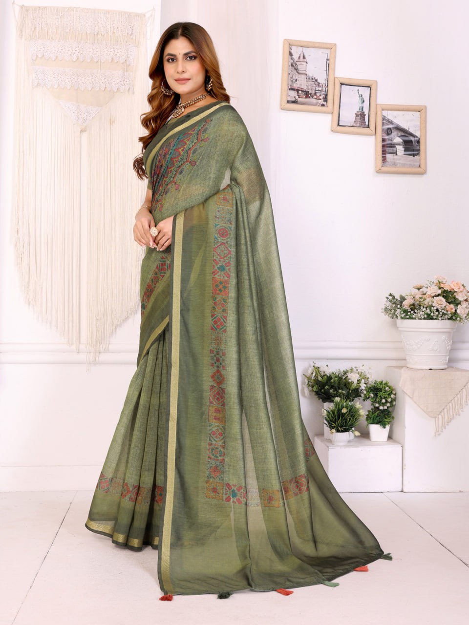 Olive Green Chanderi Saree with Traditional Geometric Border - Image 2