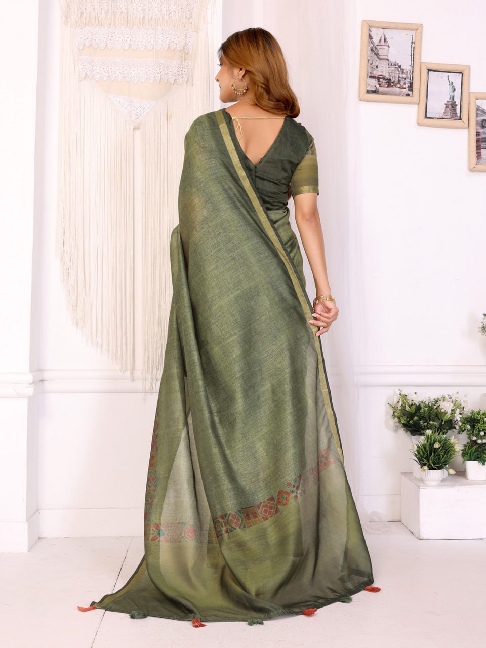 Olive Green Chanderi Saree with Traditional Geometric Border - Image 6