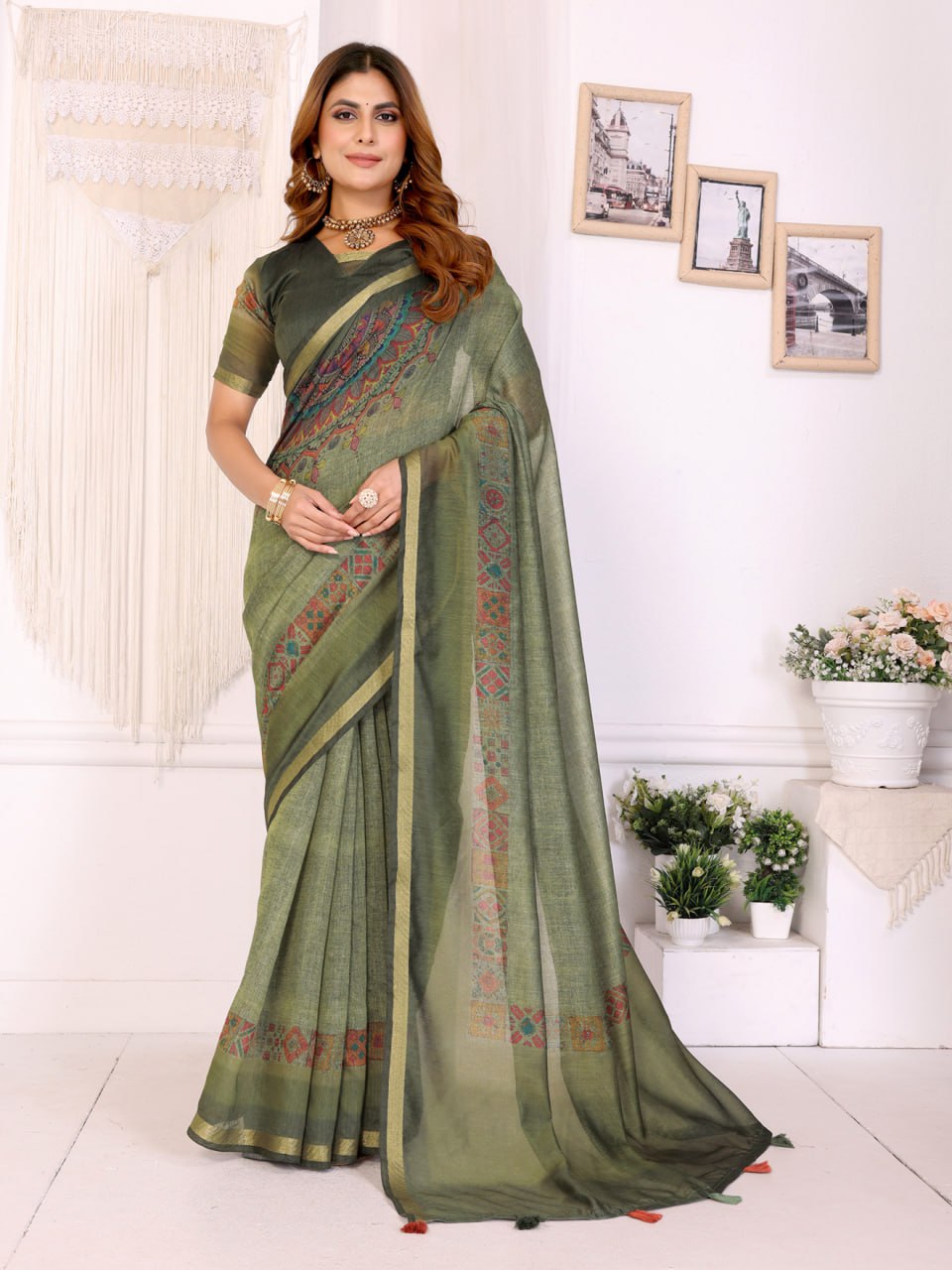 Olive Green Chanderi Saree with Traditional Geometric Border - Image 3