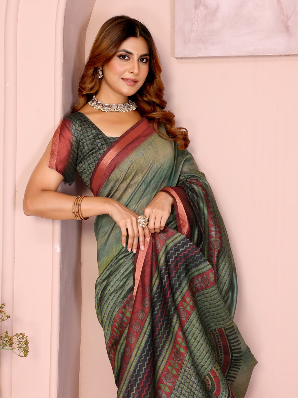Green & Maroon Black Chanderi Saree - Image 7