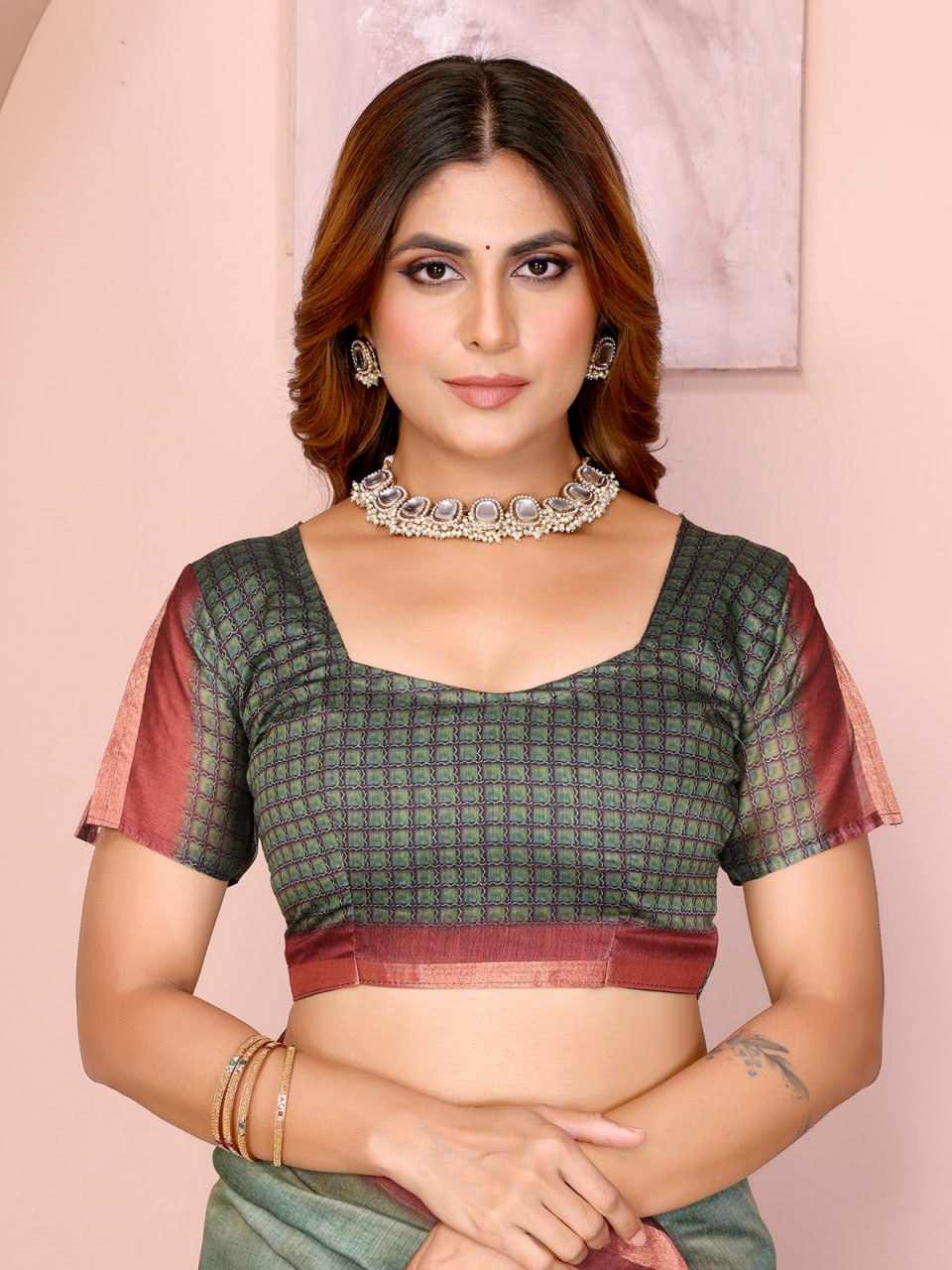 Green & Maroon Black Chanderi Saree - Image 5