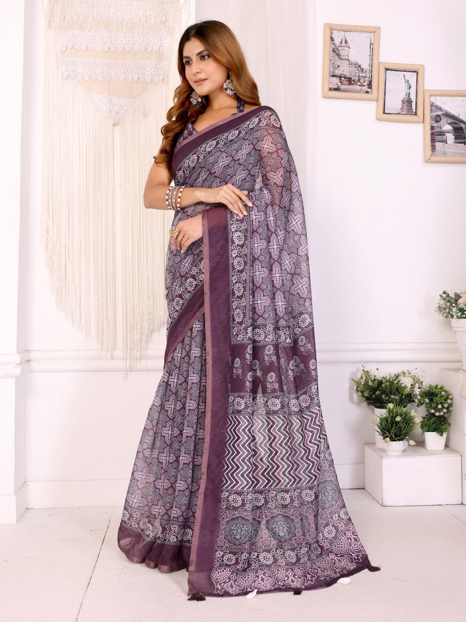 Wine Purple Traditional Printed Chanderi Saree - Image 3