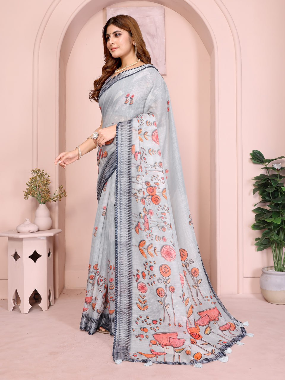 Light Grey Linen Cotton Saree with Artistic Floral Prints - Image 6