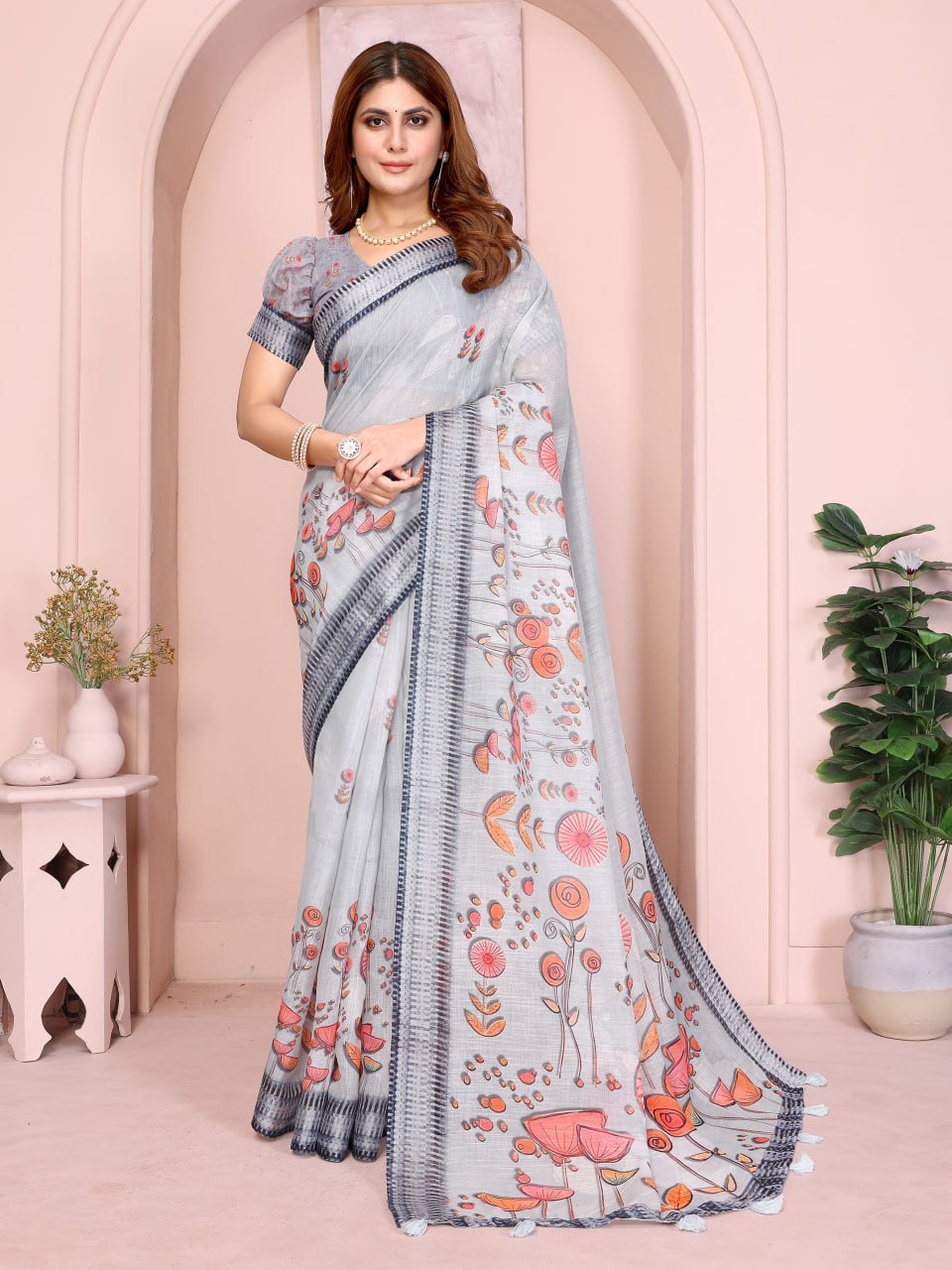 Light Grey Linen Cotton Saree with Artistic Floral Prints - Image 3
