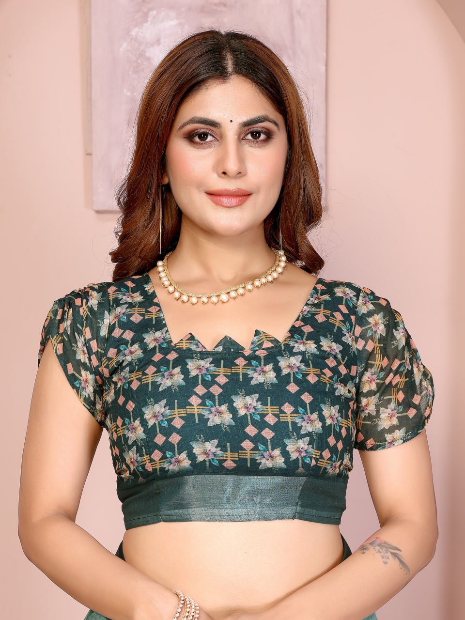 Teal Green Linen Cotton Saree with Watercolor Floral Prints - Image 5