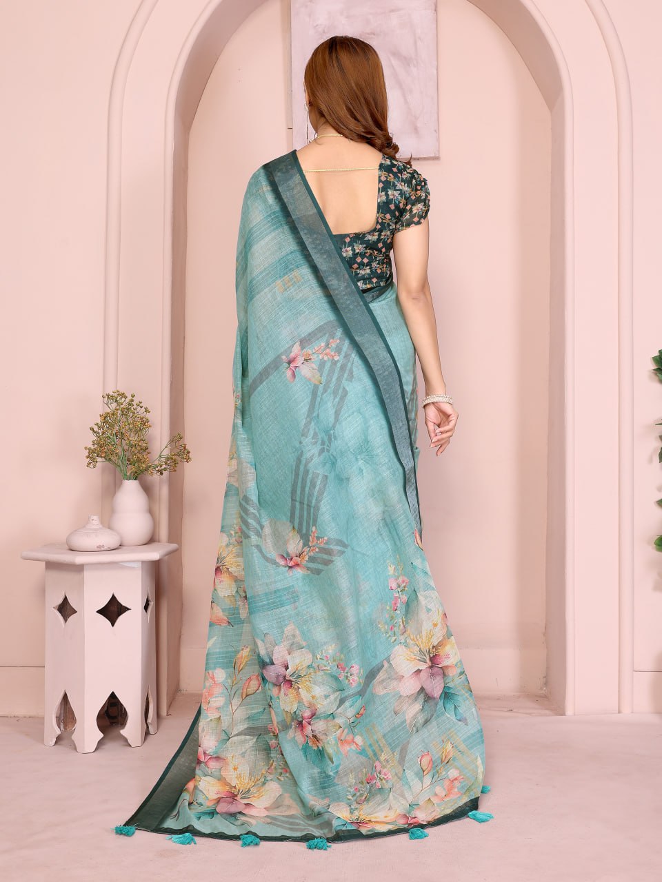 Teal Green Linen Cotton Saree with Watercolor Floral Prints - Image 6