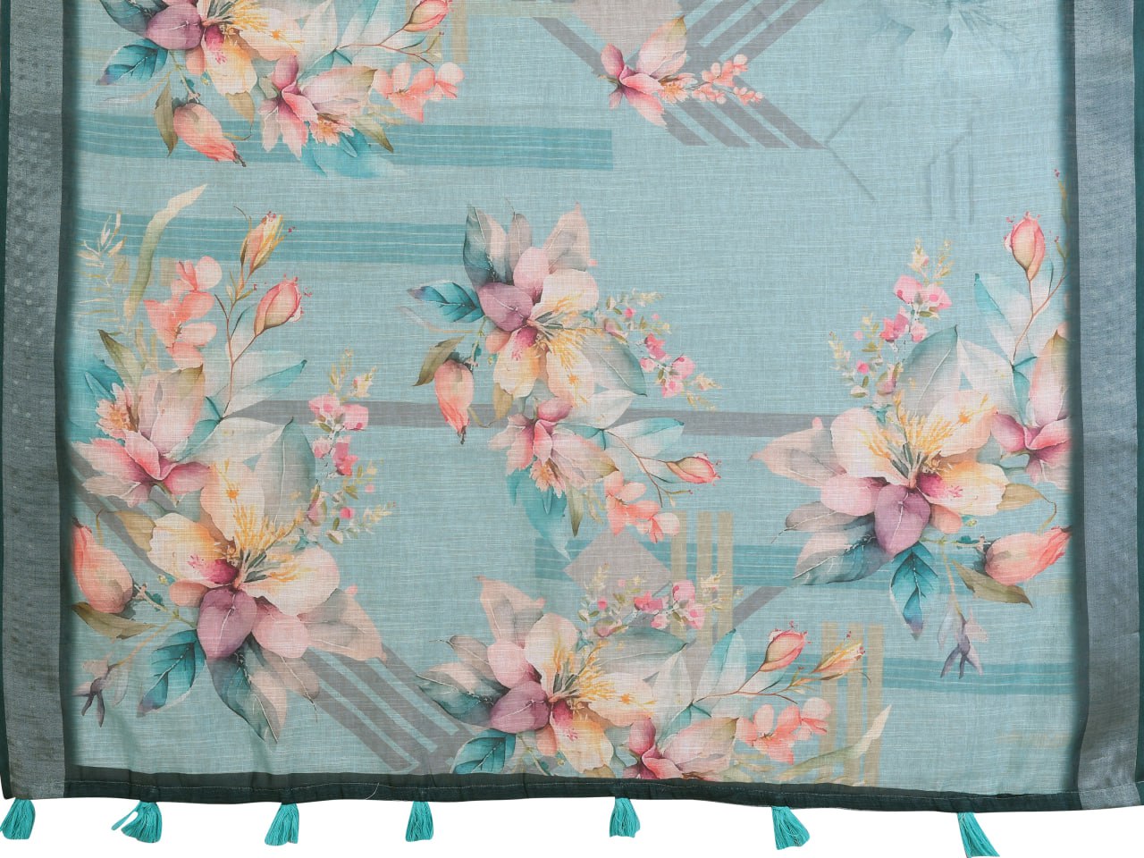 Teal Green Linen Cotton Saree with Watercolor Floral Prints - Image 4