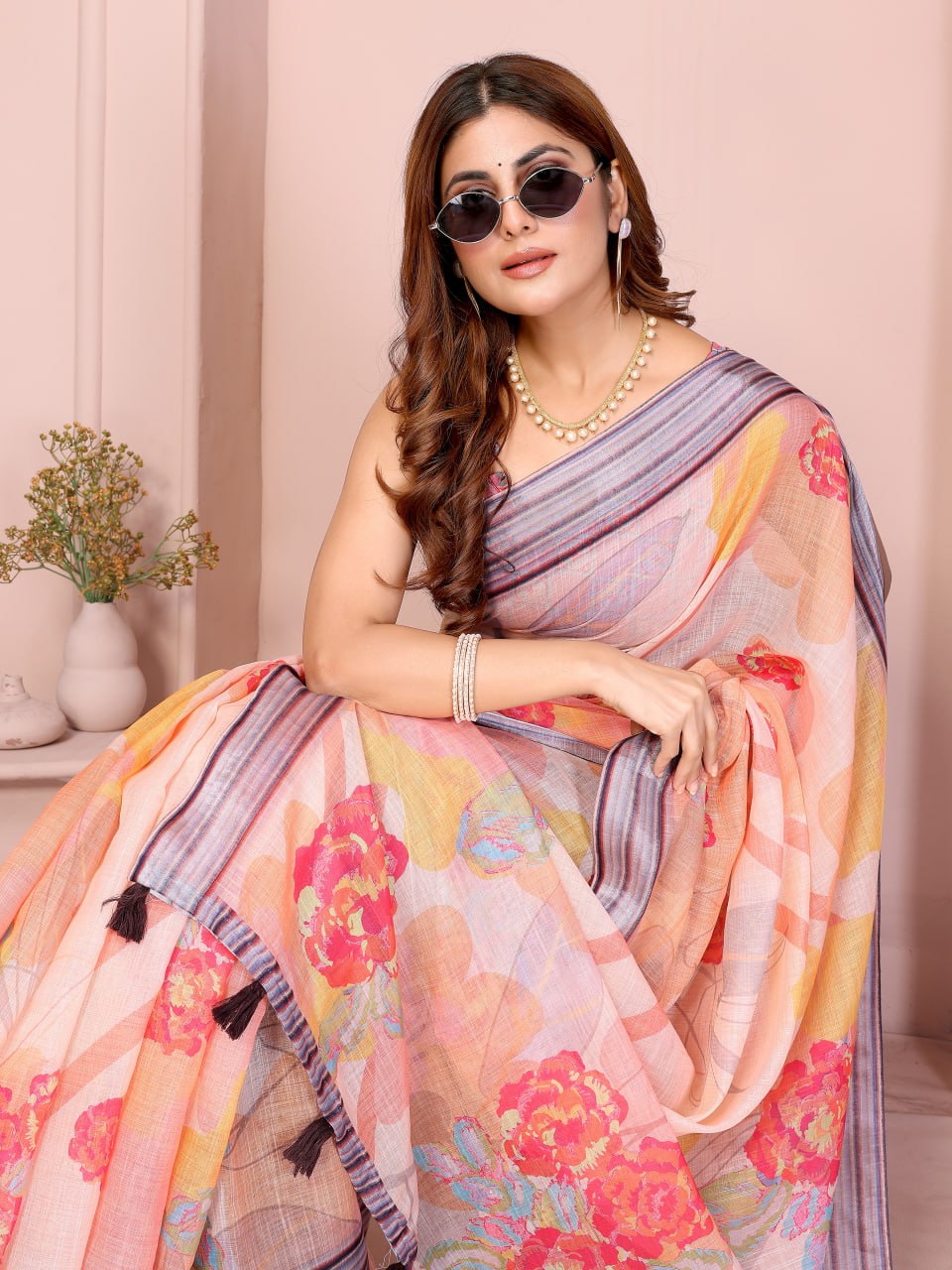 Peach Linen Cotton Saree with Bold Floral Prints - Image 6