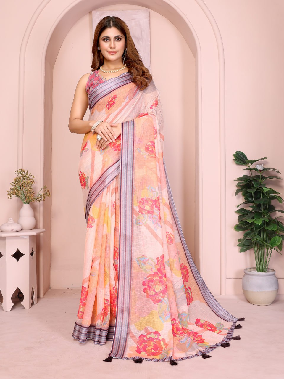 Peach Linen Cotton Saree with Bold Floral Prints - Image 8