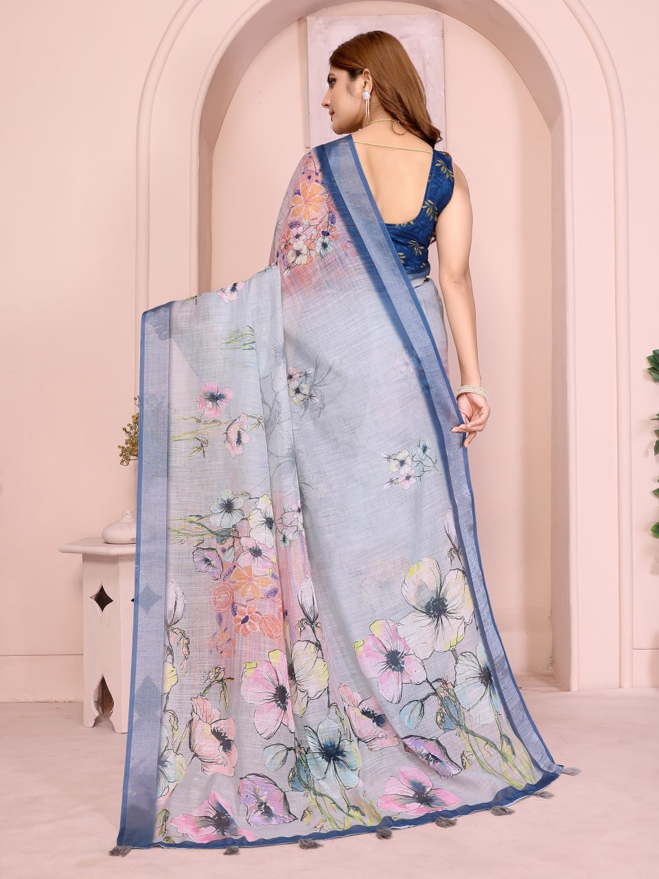 Elegant Steel Blue Linen Cotton Saree with Pastel Floral Prints - Image 5