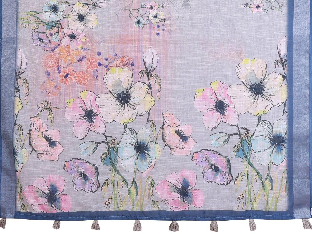 Elegant Steel Blue Linen Cotton Saree with Pastel Floral Prints - Image 6