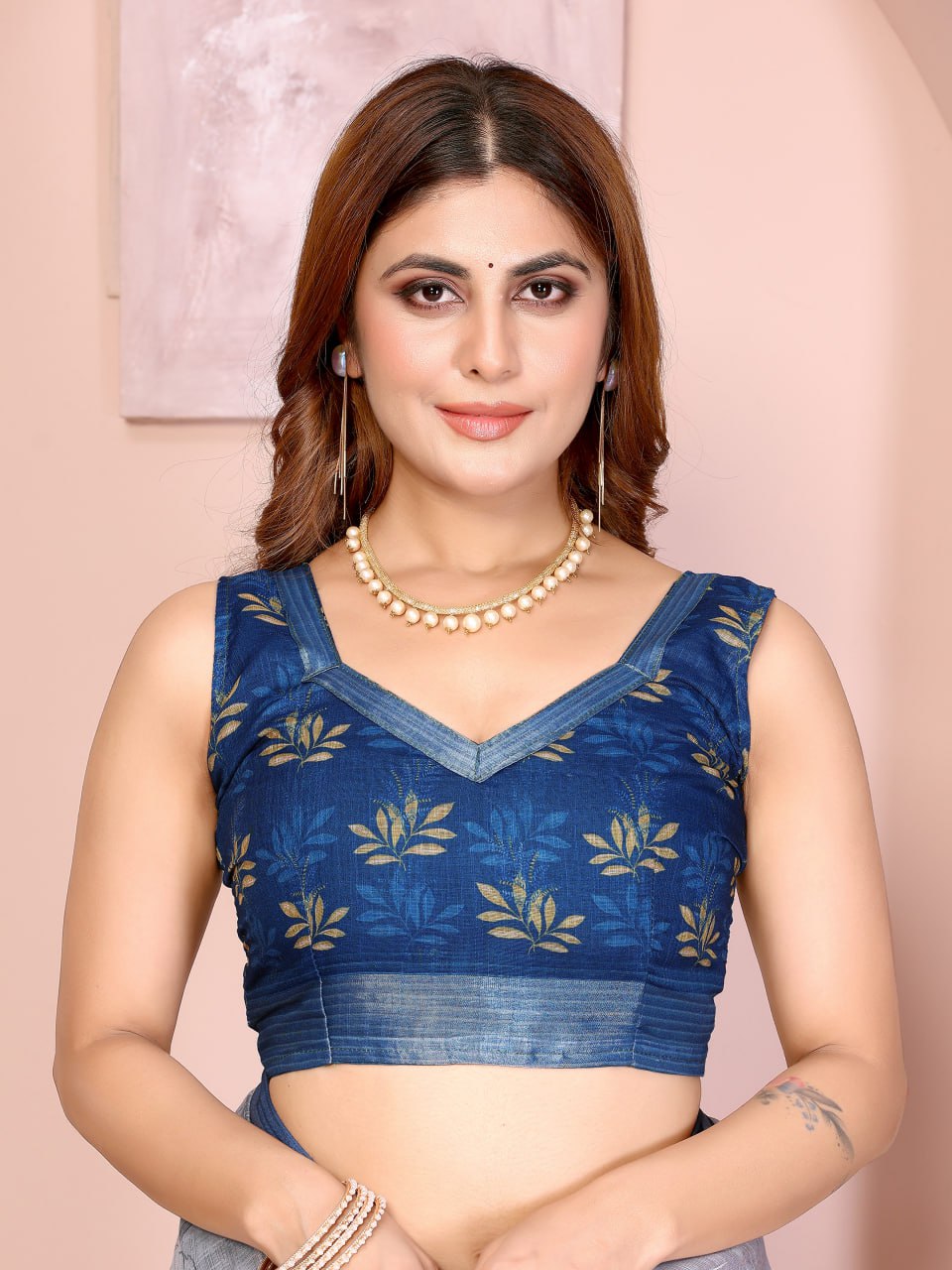 Elegant Steel Blue Linen Cotton Saree with Pastel Floral Prints - Image 7