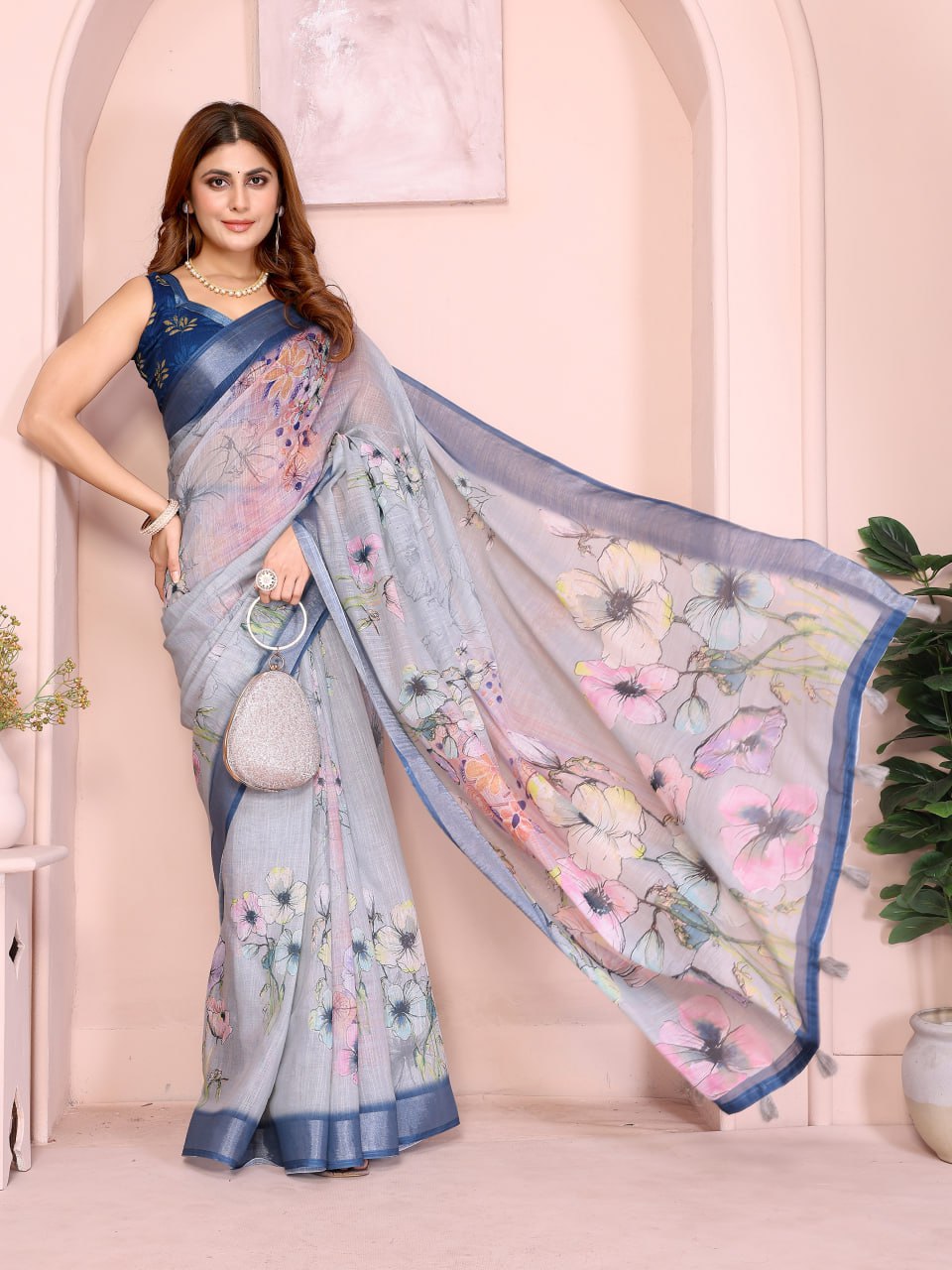 Elegant Steel Blue Linen Cotton Saree with Pastel Floral Prints - Image 3
