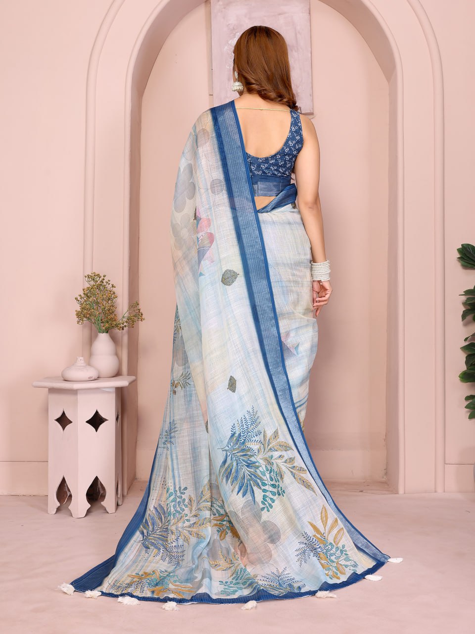 Pastel Blue Linen Cotton Saree with Tropical Leaf Prints - Image 7