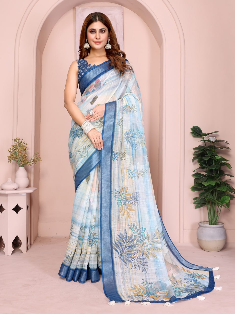 Pastel Blue Linen Cotton Saree with Tropical Leaf Prints - Image 3