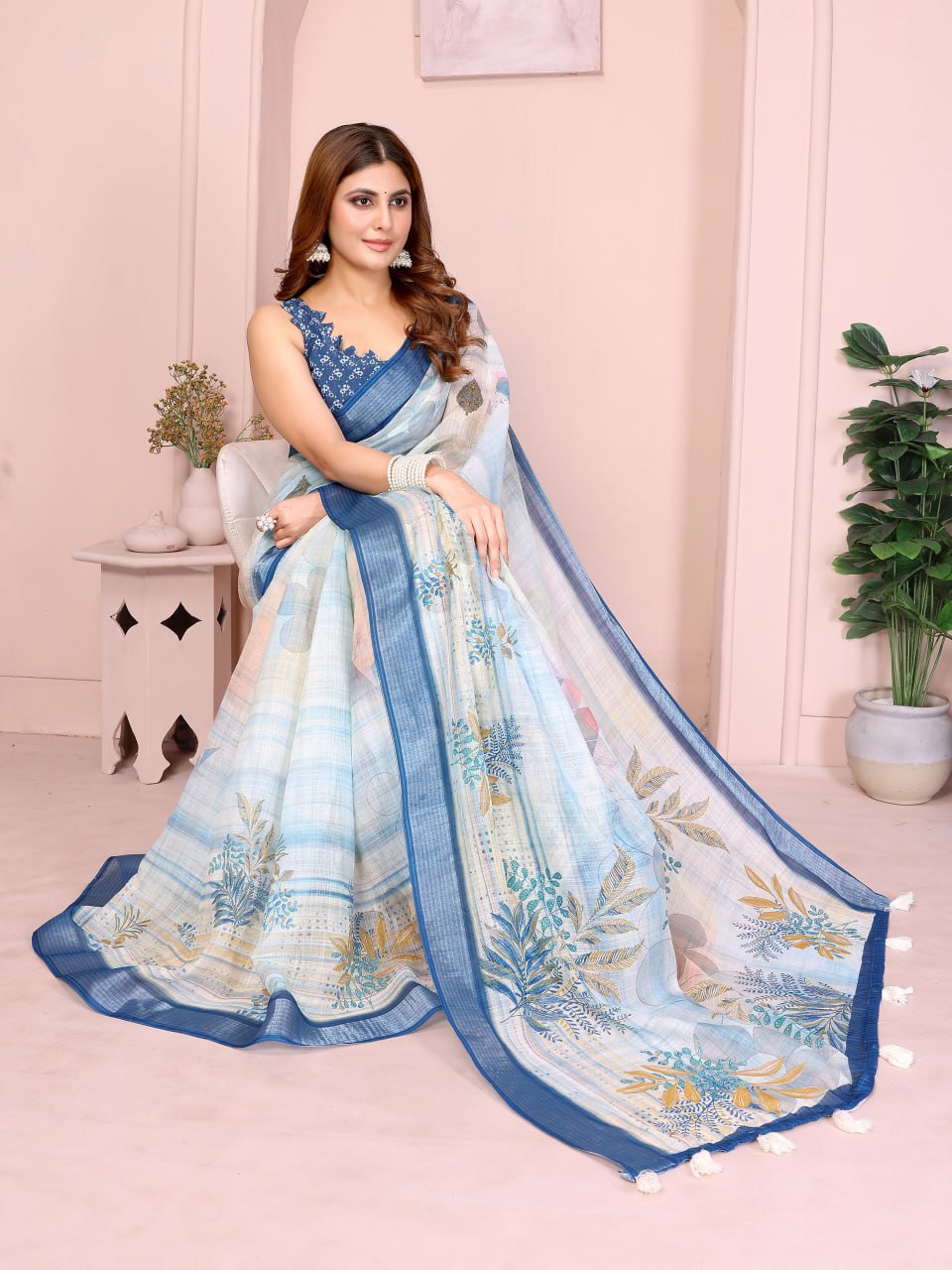 Pastel Blue Linen Cotton Saree with Tropical Leaf Prints - Image 4