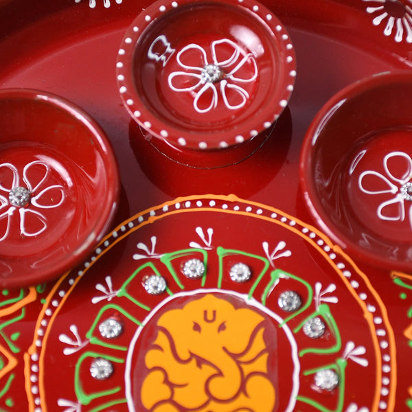 Hand-Painted Decorative Pooja Thali with Ganesha Motif and Diyas - Image 6