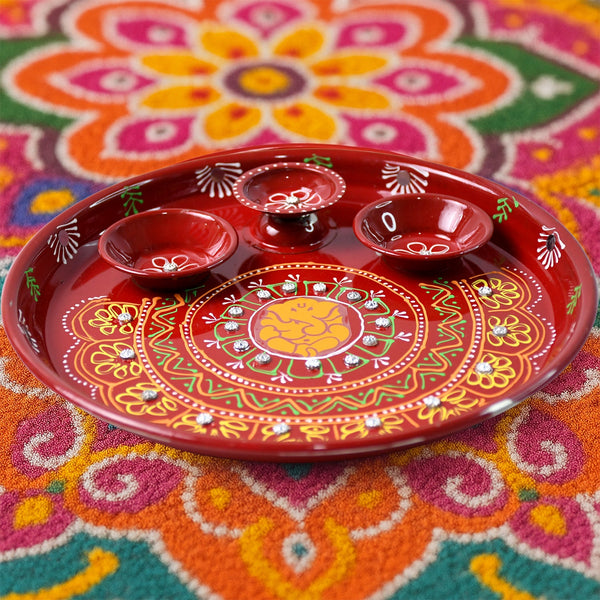 Hand-Painted Decorative Pooja Thali with Ganesha Motif and Diyas - Image 4