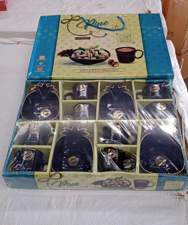 Pine Junction Ceramic Tea / cups / Mug Set With Pineapple Shape Serving Bowl (12 Pcs set) - Image 2