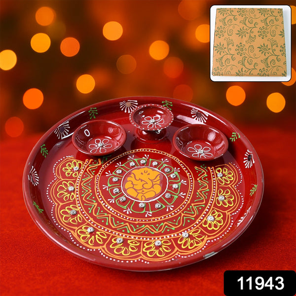 Hand-Painted Decorative Pooja Thali with Ganesha Motif and Diyas - Image 9